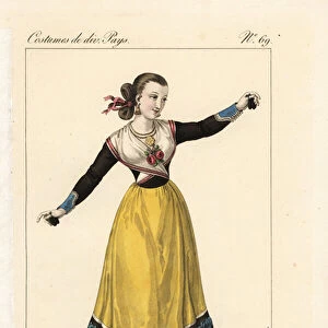 Female dancer of Seville, Spain, 19th century. She dances a fandango or bolero with her hair tied up in ribbons, a short bolero jacket, calf-length skirt, and castanets