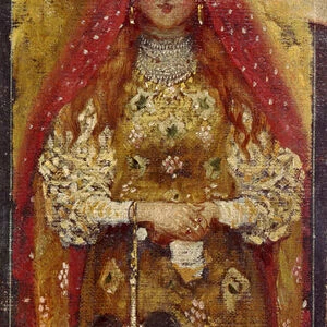 Femme boyard (boiard, boiar). Detail. Peinture de Andrei Petrovich Ryabushkin (Riaboutchkine) (1861-1904), huile sur toile, 1899. Art russe 19e siecle. State Art Museum, Iekaterinbourg (Russie)
