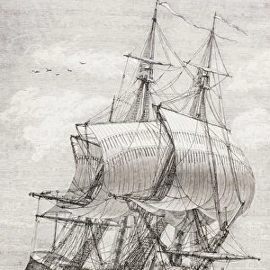 The fifty-eight gun frigate of the French navy with gun ports raised and ready for battle