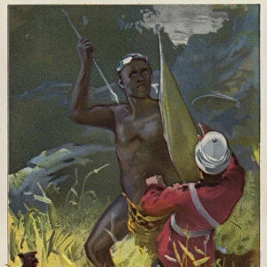 Fight between a British soldier and a Zulu warrior (chromolitho)
