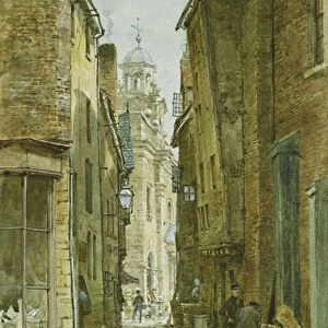 Figures in Harp Lane, Ludlow, (pencil and watercolour heightened with white)