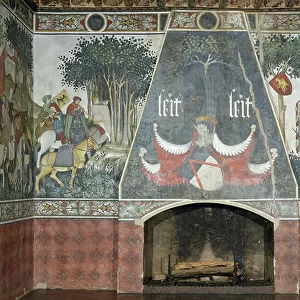 The fireplace, main hall of Castle della Manta, adorned with the arms of the Saluzzo family, 1418-30 (photo)