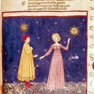 first heaven: Dante meets Beatrice in Paradise. Illuminated page illustrating a song of