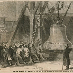 The first sounding of Big Ben at the foot of the Westminster Clock Tower (engraving)