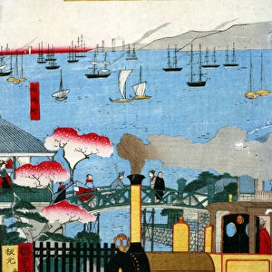 First steam train leaving Yokohama, (Yokohama tetsudo joki shussha no zu), 1872 (print)