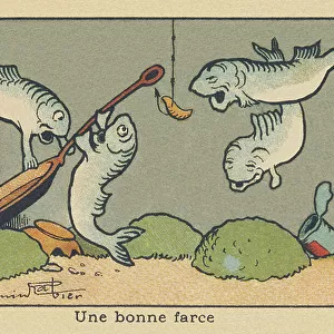 Two fish hook a pan to the hook in the fisherman's line. " A good joke", 1936 (illustration)