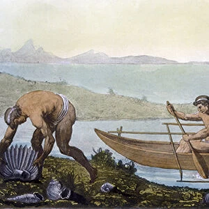 Fisherman in a canoe and man collecting giant shells, Island of Ubi