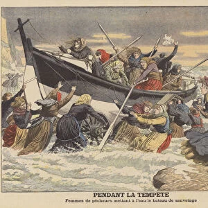 Fishermens wives launching a lifeboat during a storm (colour litho)