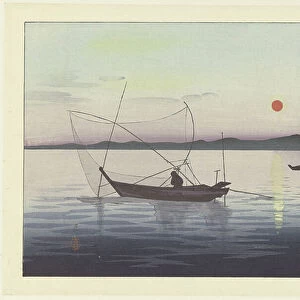 Fishing boats at sunset, 1900-36 (colour woodcut)