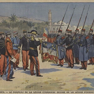The flag of the French Foreign Legion being decorated with the Cross of the Legion d Honneur at Sidi Bel Abbes, Algeria (colour litho)