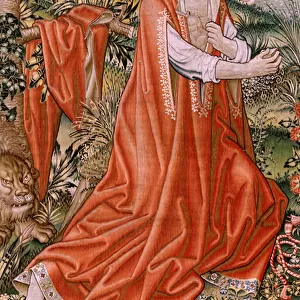Flemish tapestry. Penitent St. Jerome, or St. Jerome in the Desert (San Jeronimo penitente, o San Jeronimo en el desierto). Models Cartoon attributed to the circle of Hans Memling (ca. 1433-1493) or Gerard David (ca. 1450-1523)
