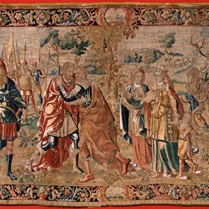 Flemish tapestry. Series Esau and. Meeting between Jacob and Esau (Encuentro entre Jacob y Esau). Third tapestry in the series. Manufacture Netherlands, second half of the 16th century. Fabric Wool
