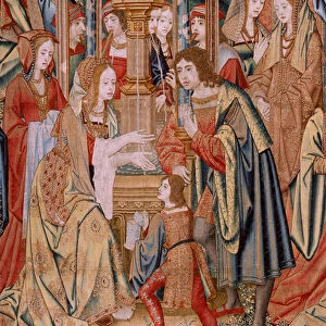 Flemish tapestry. Series The History of David and Bathsheba. Bathseba at her bath (Betsabe en el bano sorprendida por David). First panel of the series. Model Anonymous. Manufacture Unknown, Brussels, 1505. Fabric Gold, silk and wool