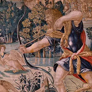 Flemish tapestry. Series The Labours of Hercules. Hercules and the Stymphalian birds (Hercules y las aves del lago Estinfalo). First tapestry in the extant series. Model Unknown. Manufacture Willem Dermoyen, Brussels. Ca 1528. Fabric Silk and wool