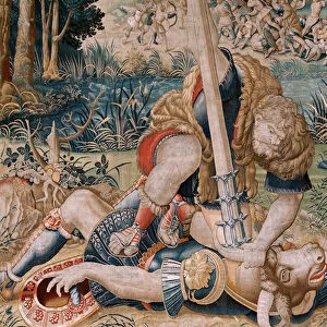 Flemish tapestry. Series The Labours of Hercules. Hercules battling the Minotaur (Hercules luchando con el Minotauro). Hercules luchando con el Minotauro). Second tapestry in the extant series. Model Unknown. Manufacture Willem Dermoyen, Brussels
