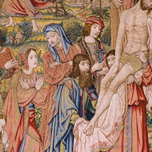 Flemish tapestry. Series The passion of Christ: Descent from the cross (Kruisafneming, Descendimiento de la cruz). Manufacture Pieter van Aelst. Cartoonist Jan van Roome. Ca 1507-1520. Detail