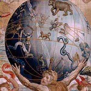 Flemish tapestry. Series The Spheres. Hercules supporting the celestrial sphere (Hercules sostiene la esfera celeste). First tapestry in the series. Model Barend van Orley or Pieter Coecke van Aelst. 1525-1530