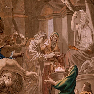 Flemish tapestry. Series The Triumph of the Eucharist. Victory of the Eucharist over pagan sacrifices (Victoria de la Eucaristia sobre los sacrificios paganos). Fourth tapestry in the series. Model Peter Paul Rubens. 1626-1628