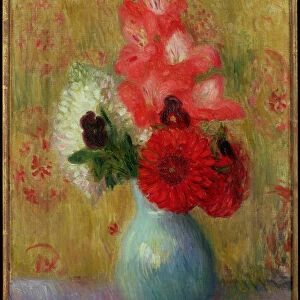 Floral Arrangement in Green Vase (oil on canvas)