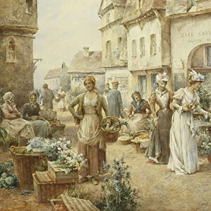 A Flower Market, France, 1900 (pencil and watercolour heightened with white)