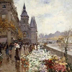 A Flower Market Along the Seine, (oil on canvas)