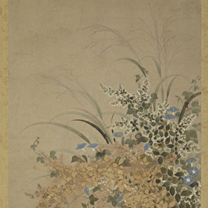 Flowers and grasses, Hanging scroll (mounted on panel), 1600-30 (ink and colour on paper)