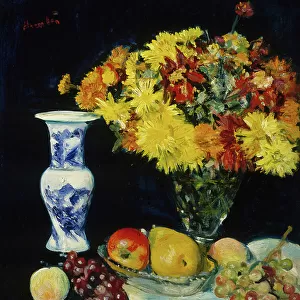 Flowers in a Vase and Fruit, c. 1897-1931 (oil on canvas)
