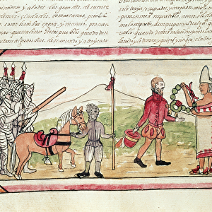 Fol. 208v Meeting of Hernando Cortes (1485-1547) and Montezuma (1466-1520), miniature