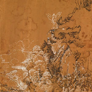 Forest landscape with angels and mercenaries (pen on brown orange paper)
