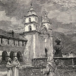 Fountain and mission, Santa Barbara, California, from The Century Illustrated
