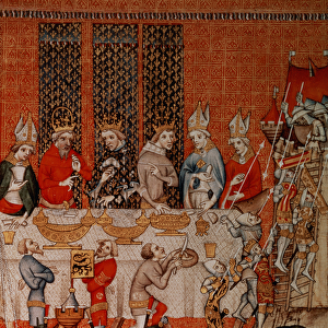 Fr 2813 f. 473 Banqueting scene, from the Grandes Chroniques de France, 1375-79 (vellum)