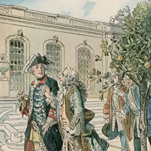 Frederick the Great (1712-1786) in conversation with the French philosopher, Voltaire (1694-1778) (colour litho)