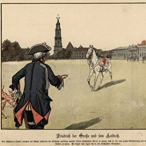 Frederick the Great of Prussia and his favourite horse (colour litho)