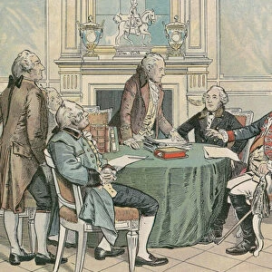 Frederick William II, King of Prussia (1744-1797) at a consultation on the Prussian General Civil Code (around 1790) (colour litho)