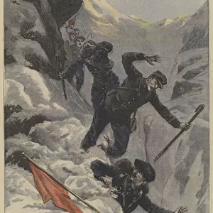 French Chasseurs Alpins mountain troops falling over a precipice (colour litho)