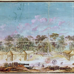 French colonists settlement on the beach of Kourou, Guyana in 1763 (w / c on paper)
