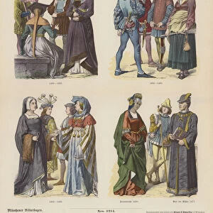 French costumes of the 15th Century (coloured engraving)