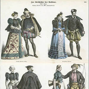 French and German costumes, late 16th Century (coloured engraving)