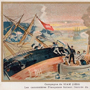 French Gunboats at Paknam, Siam (chromolitho)