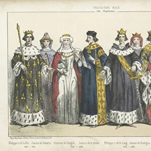 French kings and queens of the 13th and 14th Century (coloured engraving)