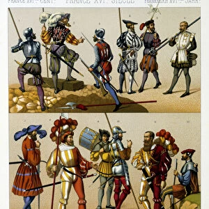 French military costumes in the 16th century. Chromolithographic plate - in "
