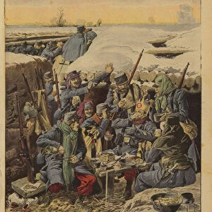 French soldiers celebrating All Saints Day in the trenches, World War I, 1915 (colour litho)