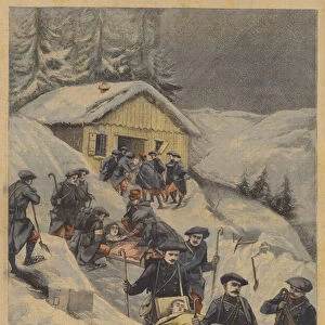 French soldiers helping victims of a storm in the Vosges Mountains (colour litho)