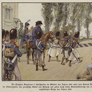 French troops under the command of General Kellermann cross the border into Prussian territory at Sickershausen, October 1805 (colour litho)