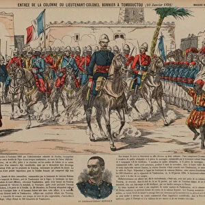 French troops commanded by Lieutenant-Colonel Eugene Bonnier entering Timbuktu, 10 January 1894 (coloured engraving)