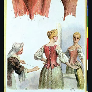 French whalebone corsetry, plate 24 from the first volume of the Dictionnaire du Costume, c. 1900 (colour litho)