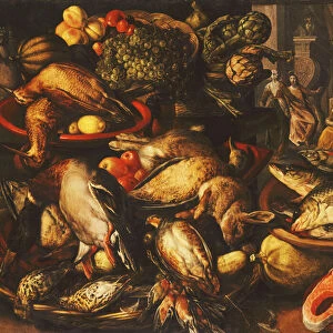 Game, Fish, Fruit and Vegetables in Baskets and Bowls in a Larder, 1569 (oil on canvas)