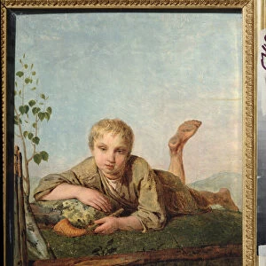 Garcon berger avec une pipe (Sheperd boy with a pipe) - Peinture de Alexei Gavrilovich Venetsianov (1780-1847), huile sur toile, vers 1820, art russe, 19e siecle, romantisme - Regional Art Gallery, Tver (Russie)