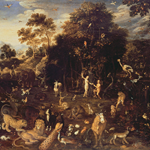 The Garden of Eden with Adam and Eve (oil on canvas)