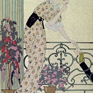 "Gazette du Bon Ton", costume plate from the "N en Dites Rien", a lady standing on a balcony receiving a letter, 1913